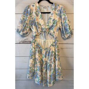 Entro Blue Floral Cut-Out Tiered Mini Dress V-Neck Puff Sleeve D18354 Large